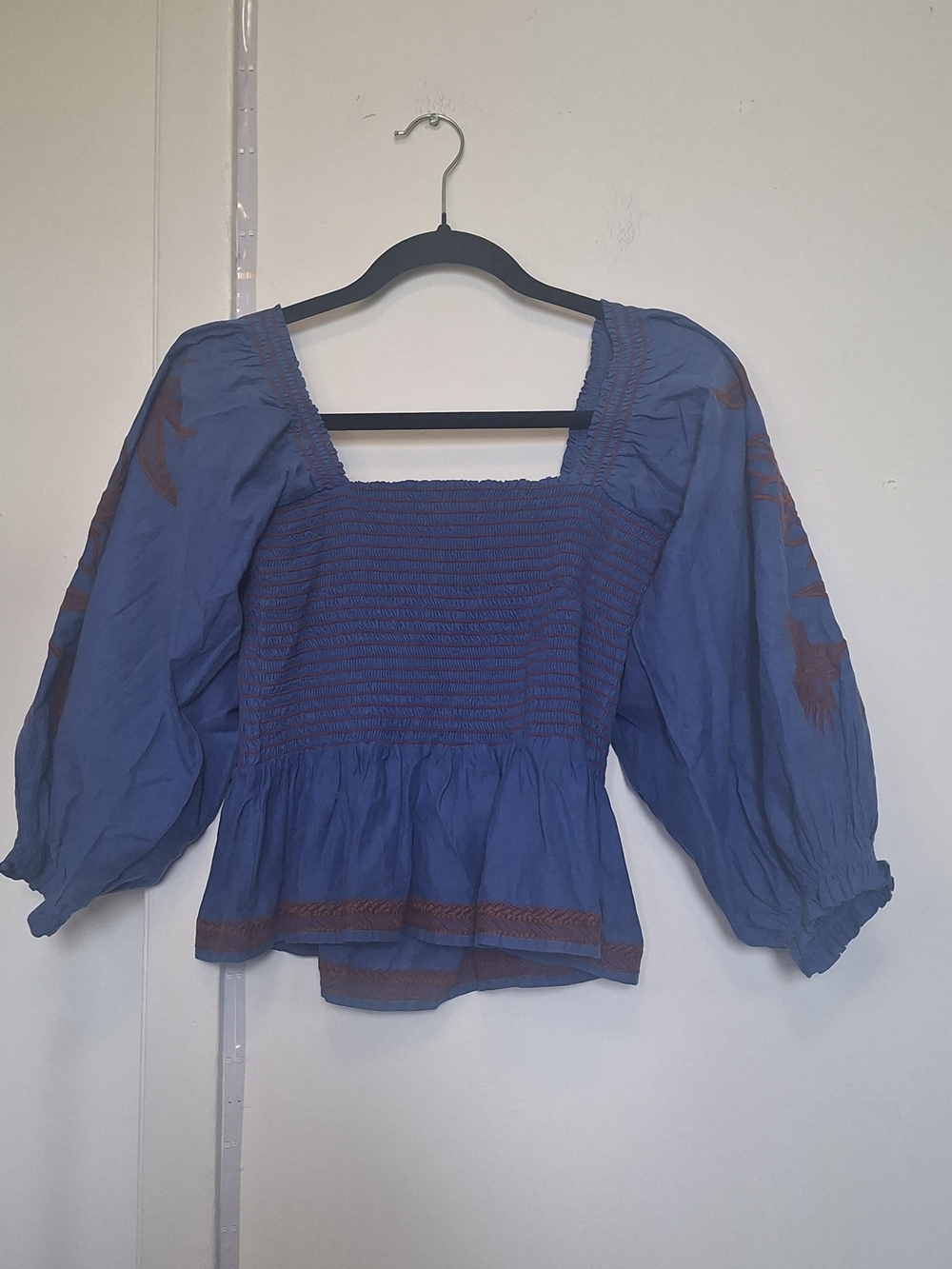 Smocked Square-Neck Blue Peasant Blouse with Brown Embroidery